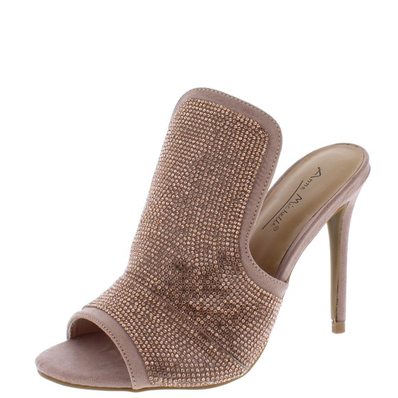 Dusty Blush Peep Toe Crystal Stiletto Triangle High Heel Mules - Picture 3 of 4